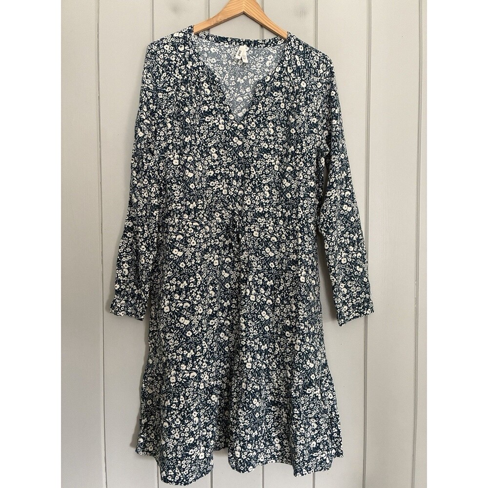 Pact Dress M Medium Cafe Crepe Tiered Celestial Prairie Floral Teal Blue